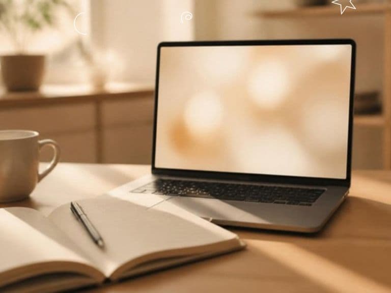 Laptop aperto su una scrivania con quaderno, penna e luce calda