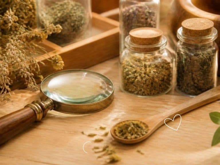 Natura morta naturopatica: lente d'ingrandimento e vasetti di erbe essiccate