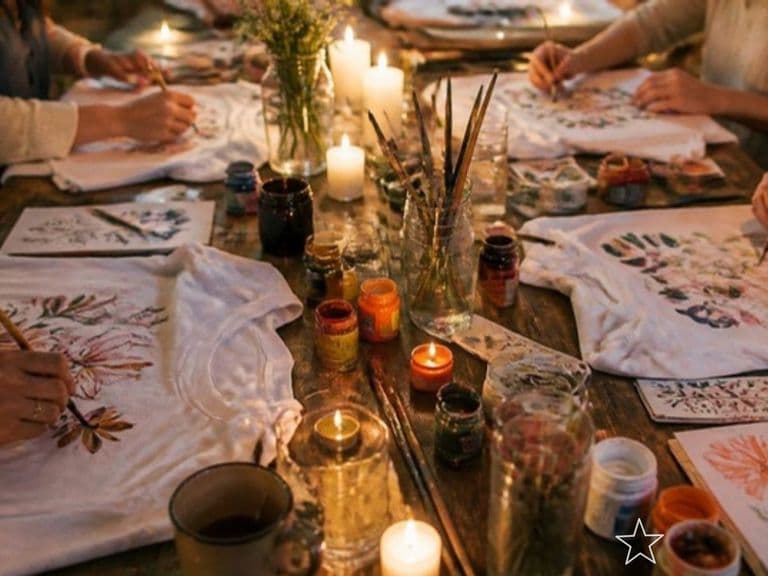 Amiche che dipingono magliette attorno a un tavolo illuminato da candele