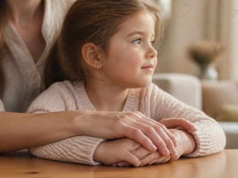 Genitore e bambino, mani sul tavolo