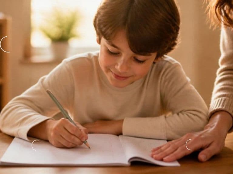 Bambino scrive su un quaderno mentre un'educatrice lo incoraggia