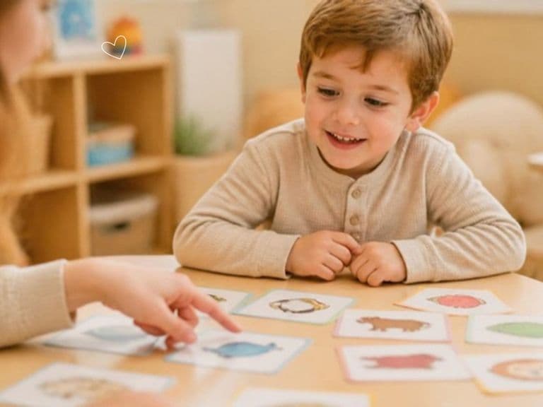 Bambino sorridente osserva flashcard colorate indicate da un'insegnante