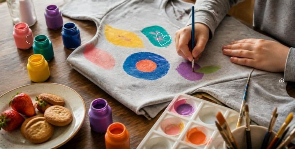 Mani di un bambino che dipinge forme colorate su una felpa grigia, con la merenda accanto
