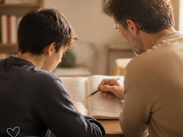 Tutor e studente seduti fianco a fianco con un libro aperto