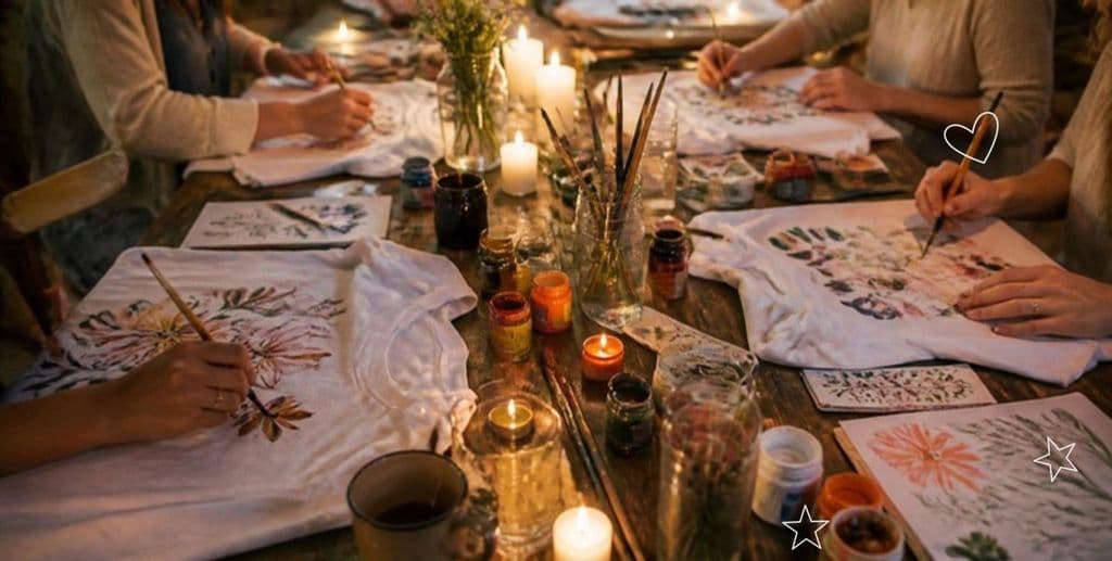 Amiche che dipingono magliette attorno a un tavolo illuminato da candele