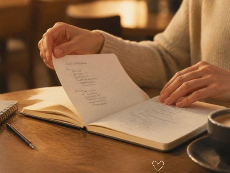 Mani che sfogliano un quaderno di spagnolo accanto a un caffè