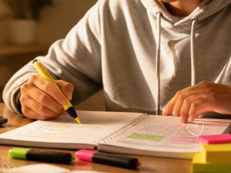 Mani di un ragazzo che evidenzia appunti su un quaderno