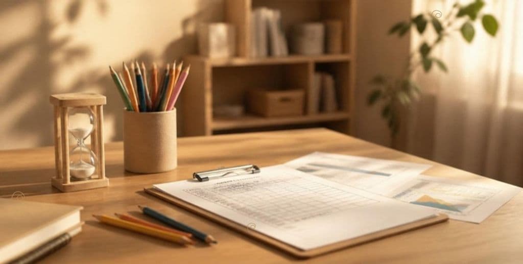 Scrivania ordinata con fogli di valutazione, matite colorate e clessidra